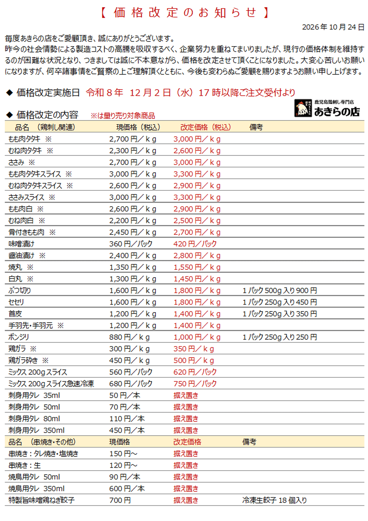 鶏刺し 価格改定のお知らせ（PDF）
